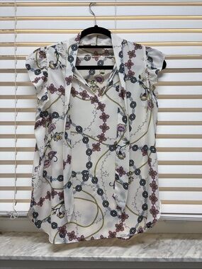 LOFT White Floral & Chain-Print Cap-Sleeve Blouse